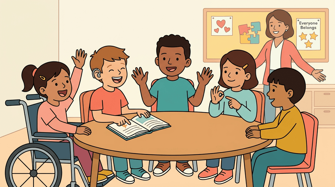 Diverse elementary students, including those with disabilities, collaborate in a circle around a table while a teacher watches warmly.
