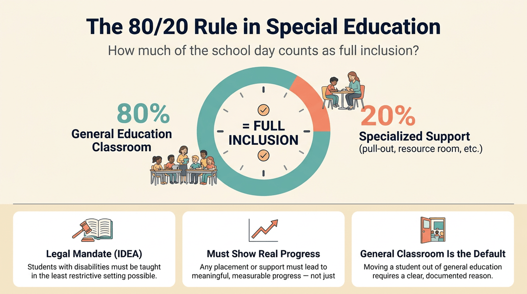Infographic explaining the 80/20 rule for full inclusion in special education, featuring a donut chart and three key legal mandates.