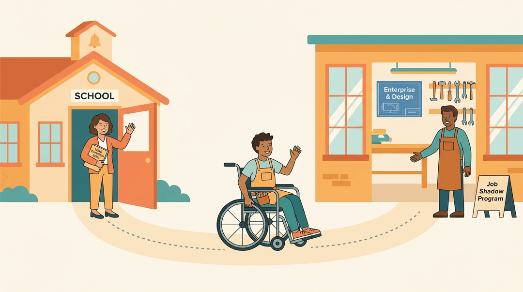 A student in a wheelchair transitions from school to a workshop, guided by teachers and mentors.
