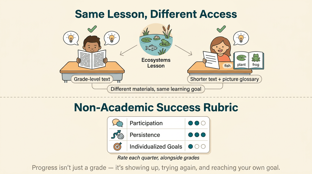 Infographic showing differentiated text access and a non-academic success rubric for student engagement.