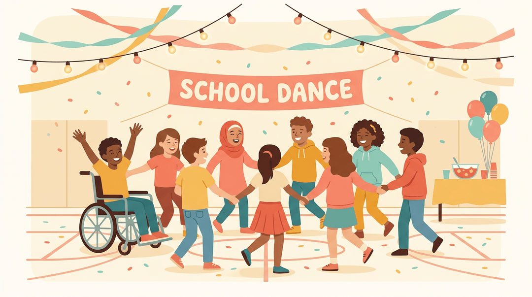 Diverse students, including one in a wheelchair, dance joyfully in a circle at a decorated school gymnasium.