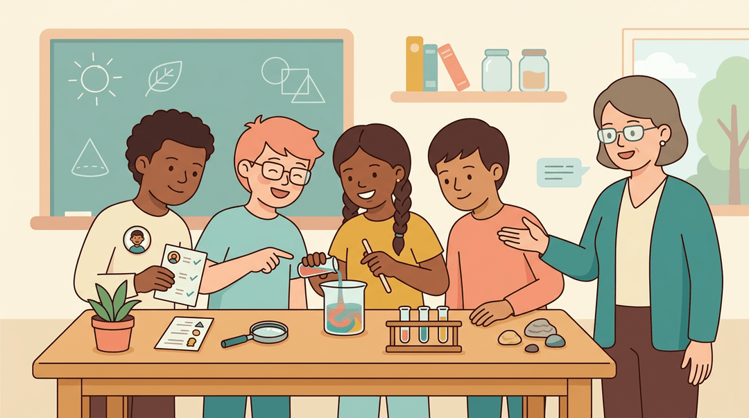 Diverse sixth graders collaborate on a science experiment at a lab table while a teacher guides them, emphasizing unity and inclusion.