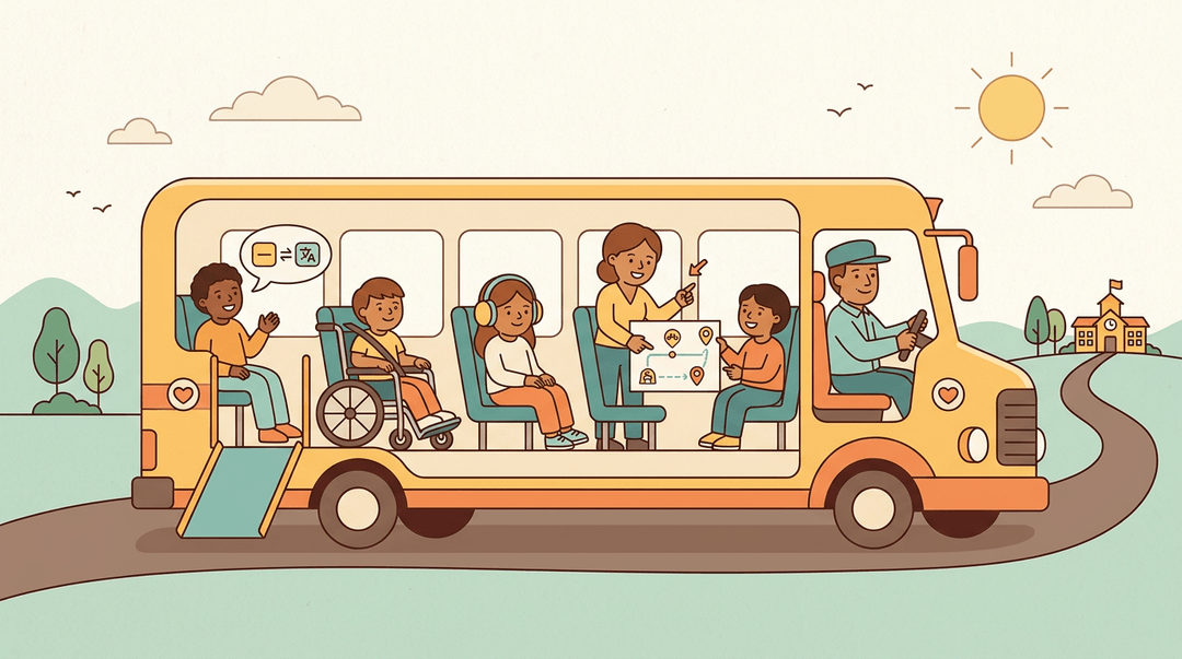 A diverse group of students rides a yellow bus to school, showcasing inclusive features like wheelchair ramps and translation support.