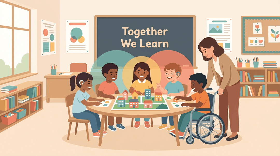 Diverse students, including one in a wheelchair and another with a hearing aid, collaborate happily at a round table under the words 'Together We Learn'.