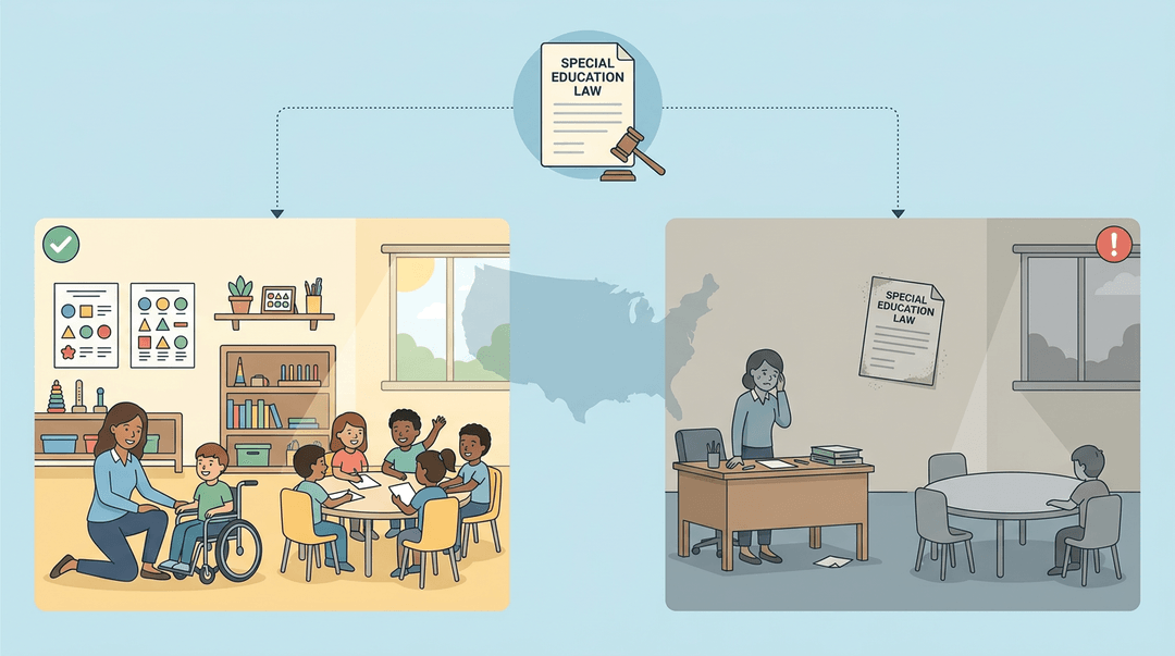Split-screen showing how special education law creates supportive vs. neglectful classrooms, with a US map in the background.