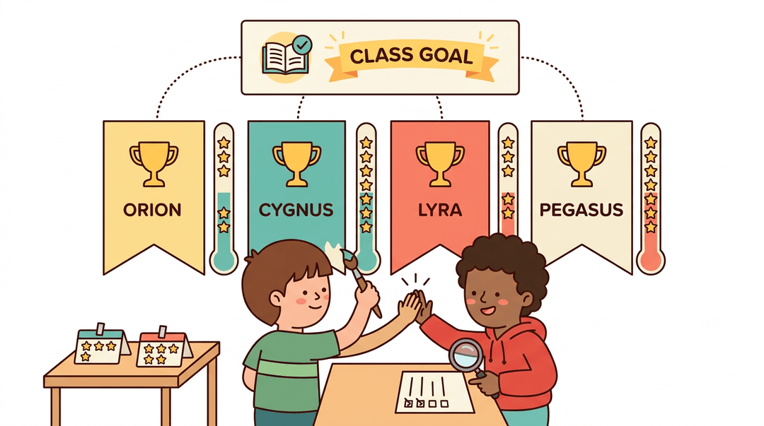 Diverse students high-five near a classroom scoreboard with team banners, star points, and a shared class goal banner.