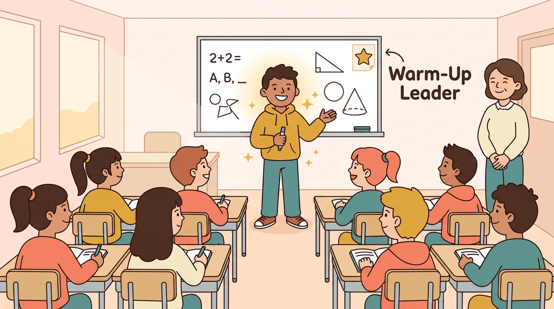 A confident student presents at the whiteboard while the teacher watches proudly from the side.
