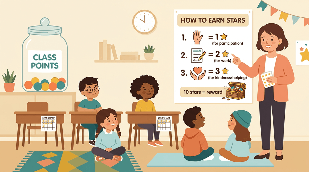 Teacher points to a star reward poster while students look at their charts and a class jar of tokens.