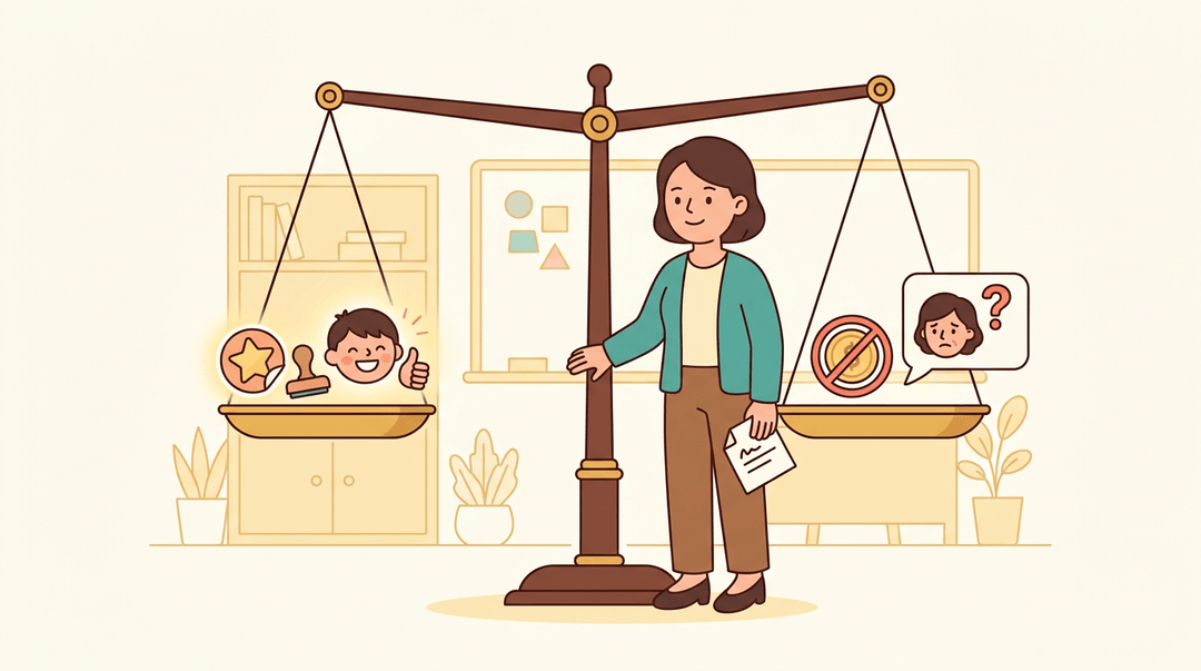 Teacher balances reward symbols against caution icons on a scale while holding a note.