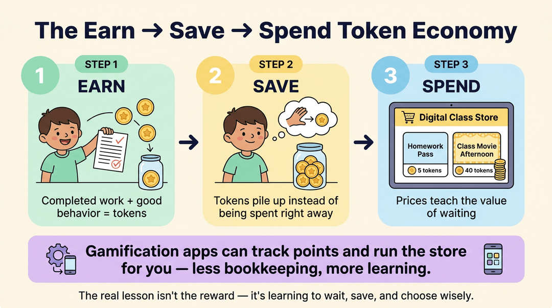 An infographic illustrating the Earn, Save, Spend token economy system for students with gamification tips.