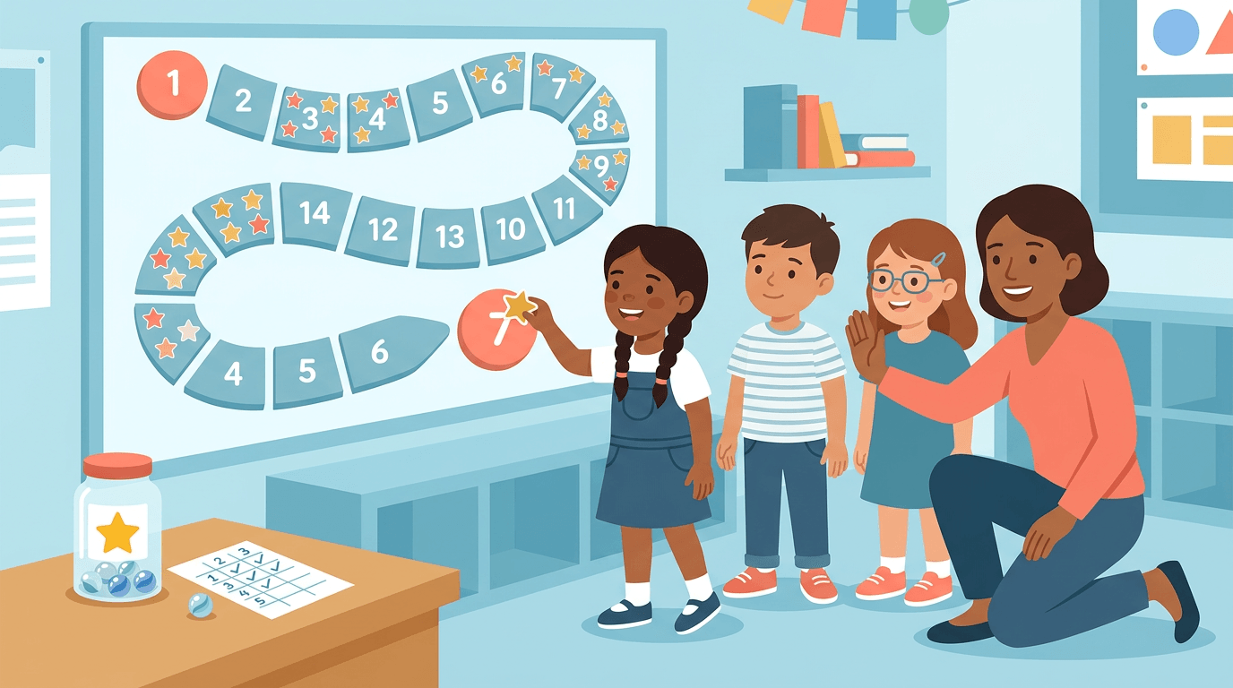 A teacher and three students celebrate progress on a classroom reward chart, with one child placing a star sticker while others watch.