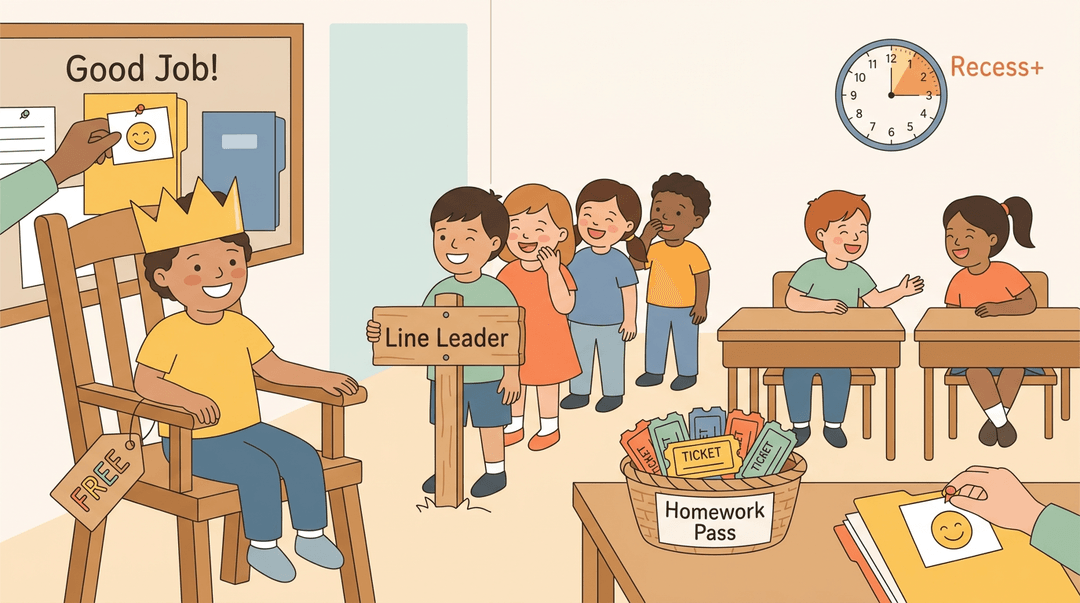 Students enjoy simple classroom rewards like a king chair and homework passes in a cheerful, pastel-colored learning environment.