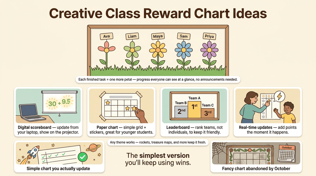Infographic showing creative classroom reward chart ideas like a garden theme, digital scores, and simple grids.