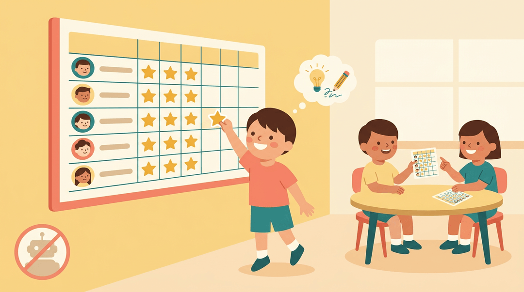 A student places a gold star on a progress chart, symbolizing effort and avoiding AI shortcuts.