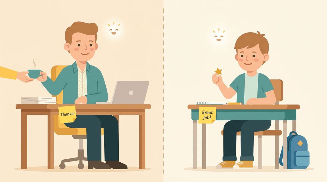 An adult and student mirror each other at desks, sharing a warm smile and motivational spark to show equal value in work and learning.