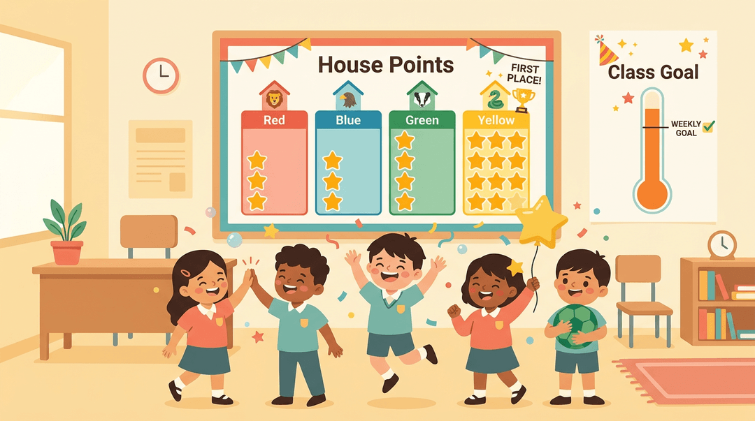 Children celebrate teamwork rewards in front of a house points chart and class goal thermometer.