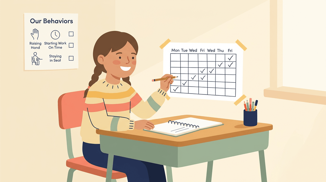 A girl marks a check on her progress chart showing upward growth, emphasizing self-driven improvement over rewards.