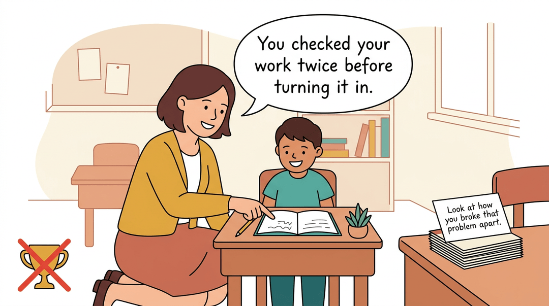 A teacher praises a student for checking work, rejecting trophies to highlight the value of specific verbal encouragement over rewards.