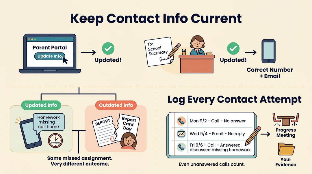 Infographic showing how to keep contact info current and log every attempt with icons and text labels.
