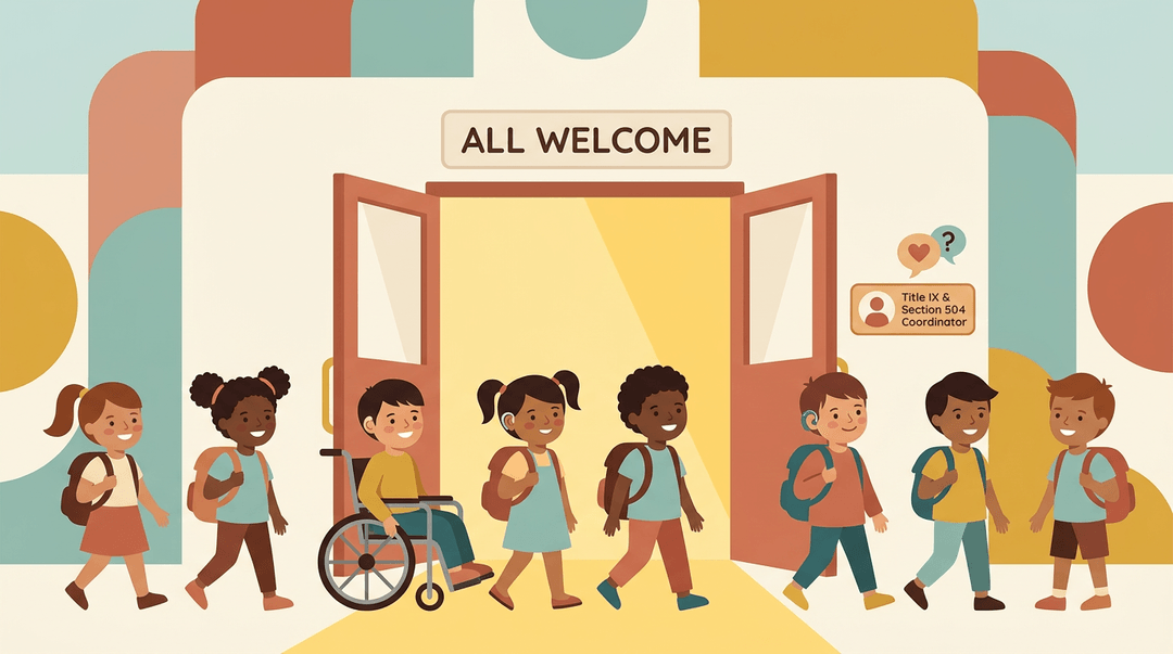 Diverse children, including one in a wheelchair, enter a school through open doors marked 'All Welcome' near a Title IX coordinator badge.