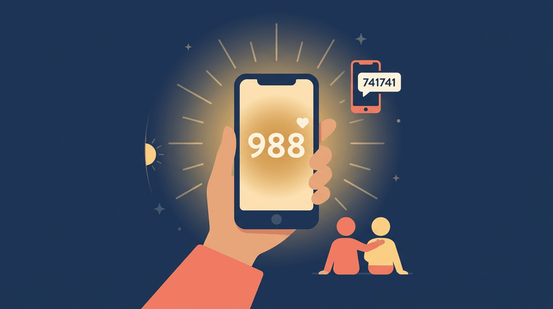 Smartphones displaying 988 and 741741 crisis numbers with supportive figures, symbolizing accessible help day or night.