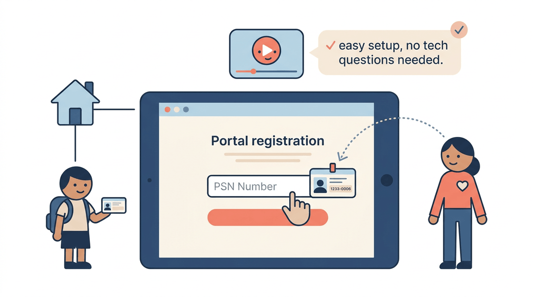 A tablet showing a PSN registration form, connected to student and parent icons with a video tutorial symbol.
