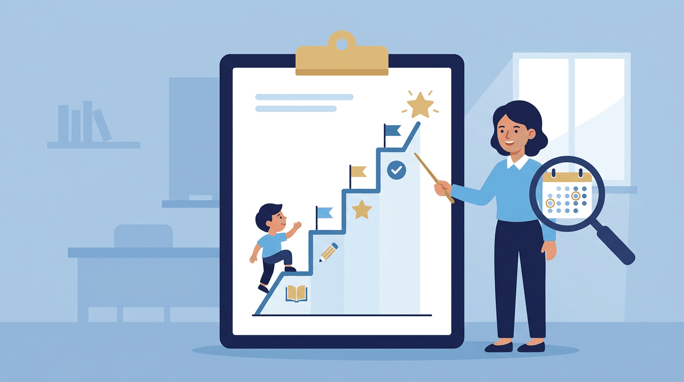 A teacher points to a rising graph showing student progress milestones while a student climbs the steps, symbolizing growth and tracking.