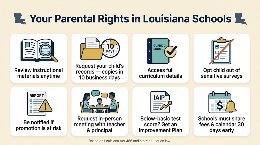 Infographic listing eight parental rights in Louisiana schools with icons and labels on a cream background.