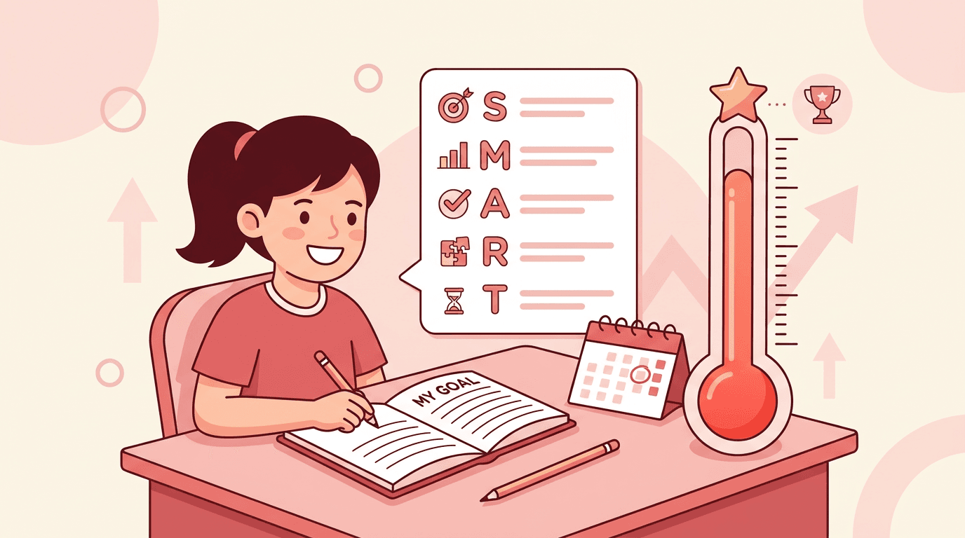 A student sets SMART goals at a desk with a checklist, progress thermometer, and calendar in a pink flat vector illustration.