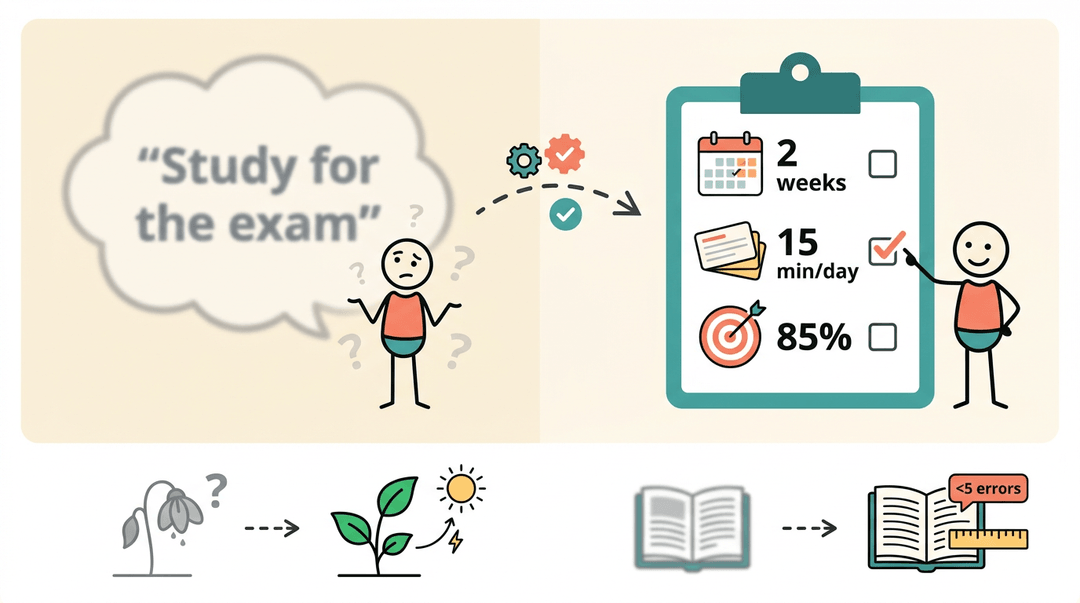 A student transforms vague study goals into a specific, measurable checklist with clear icons and progress markers.