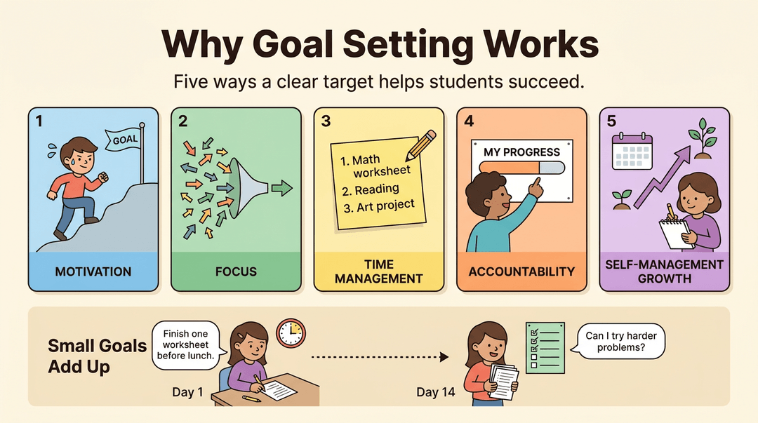Infographic explaining five benefits of goal setting for students, including motivation and focus, plus a timeline showing progress over time.