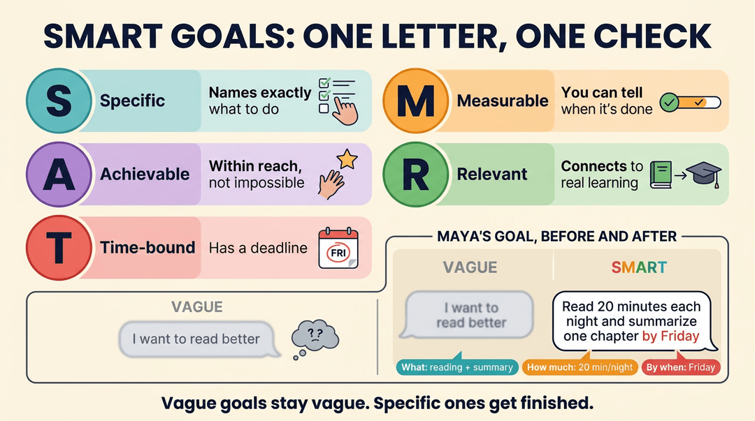 An infographic explaining SMART goals with colorful icons and a before-and-after example of Maya's vague versus specific reading goal.
