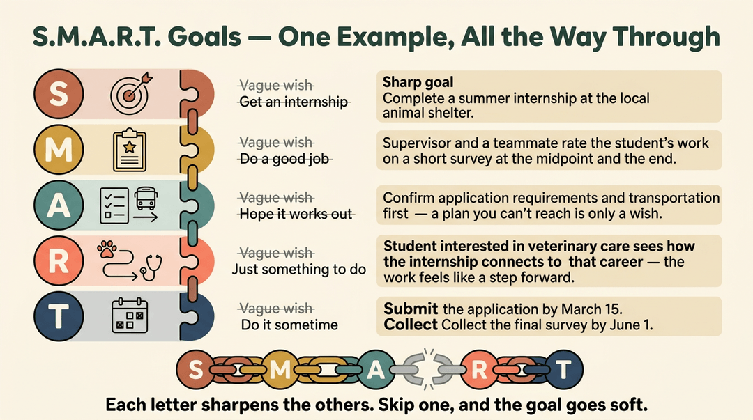An infographic showing five SMART goal steps, contrasting vague wishes with specific animal-shelter internship goals.