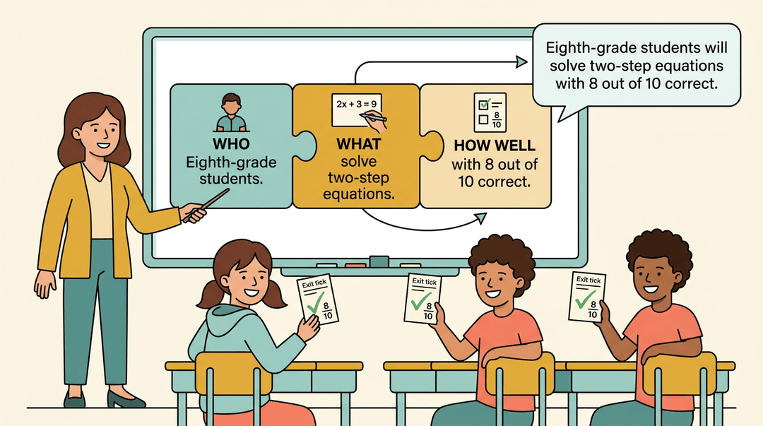 Teacher points to whiteboard showing learning goal puzzle pieces while students hold exit tickets with correct answers.