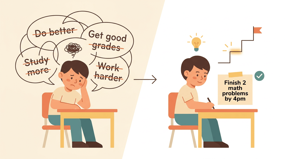 A student shifts from overwhelmed by vague goals to focused on one clear task, symbolizing progress through manageable steps.