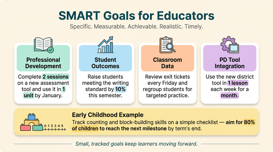 Infographic showing SMART goals for educators, including professional development, student outcomes, classroom data, and early childhood examples.