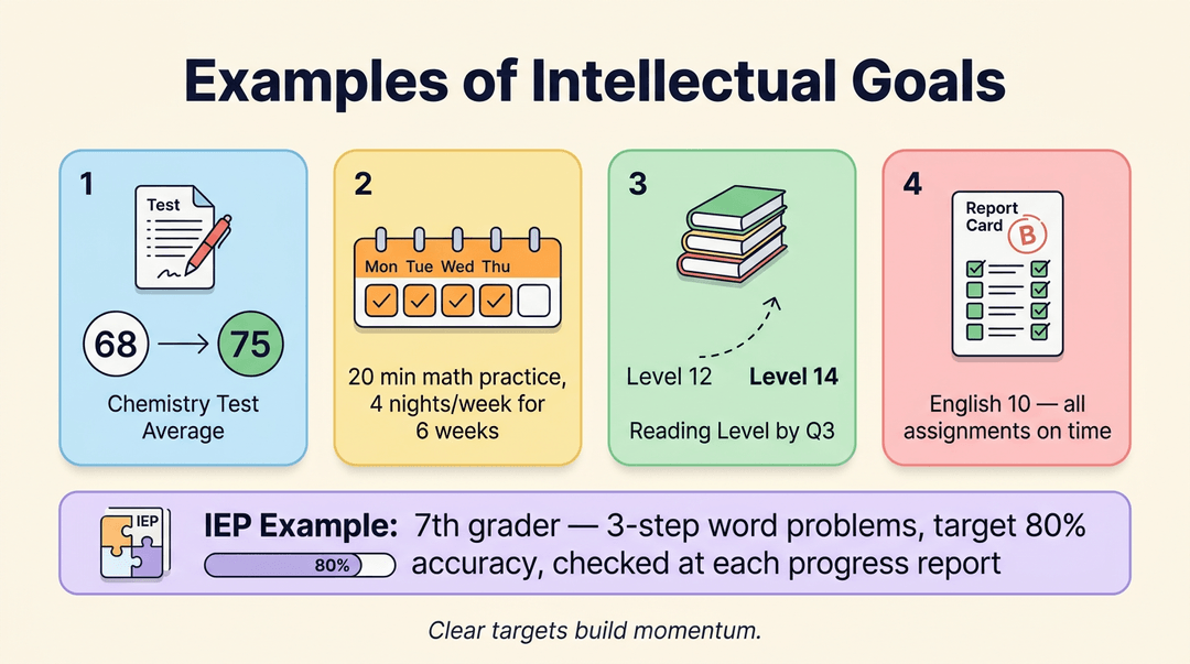 Infographic showing four examples of intellectual goals and an IEP target using icons, numbers, and short labels.