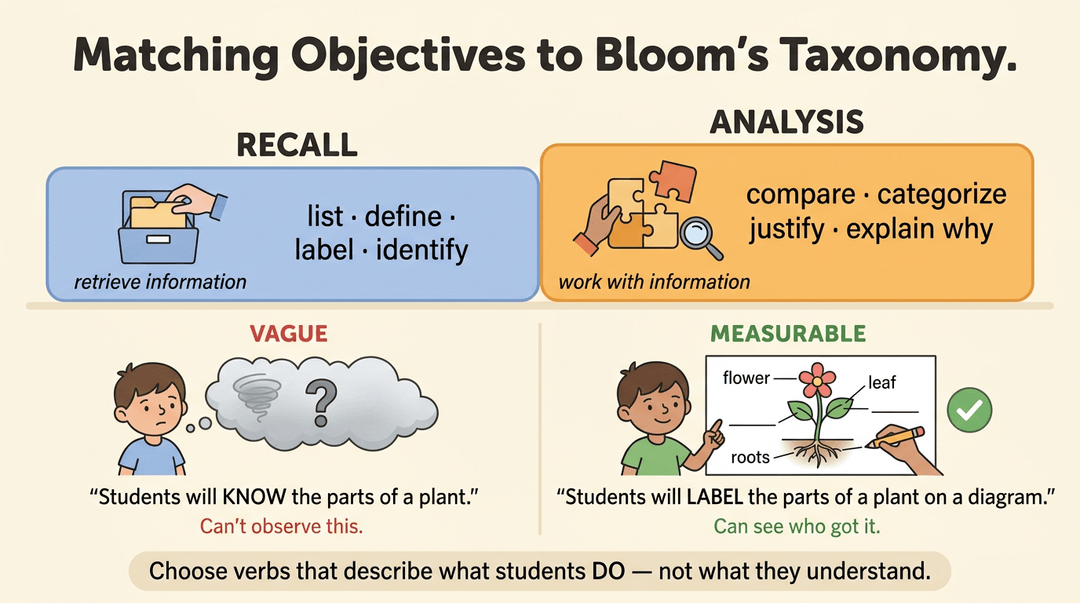 Infographic comparing vague vs measurable learning objectives using Bloom's Taxonomy verbs and student illustrations.