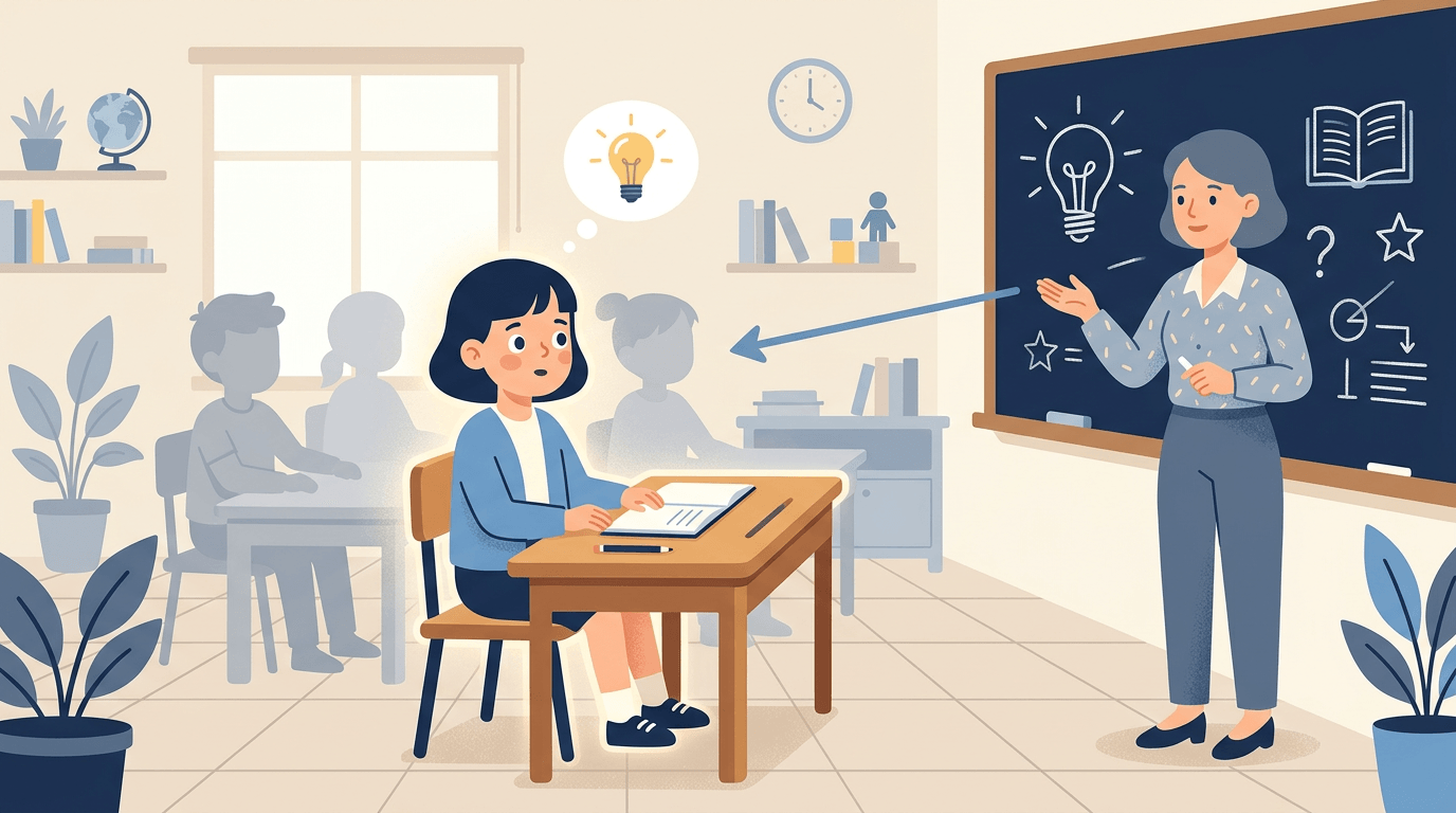 A focused student sits at a clean desk, illuminated by a soft glow and thought bubble, while a teacher stands near a chalkboard in the background.