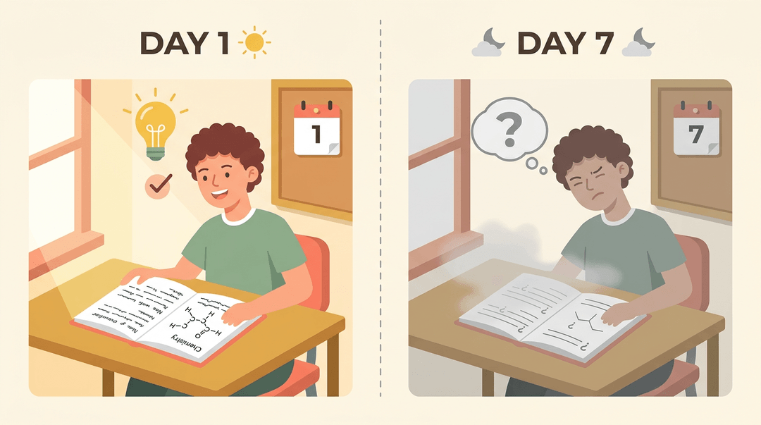 A student reviews notes on Day 1 with clarity, but by Day 7 the information fades into confusion without review.