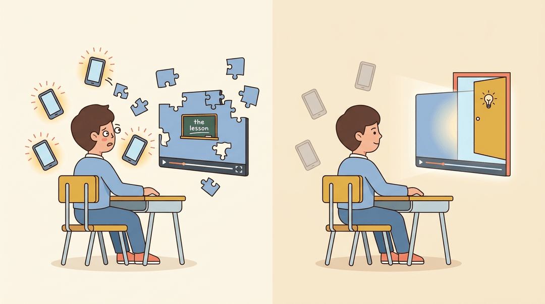 A split illustration contrasts a distracted student with fragmented screens and buzzing phones against one focused on whole images leading to learning.