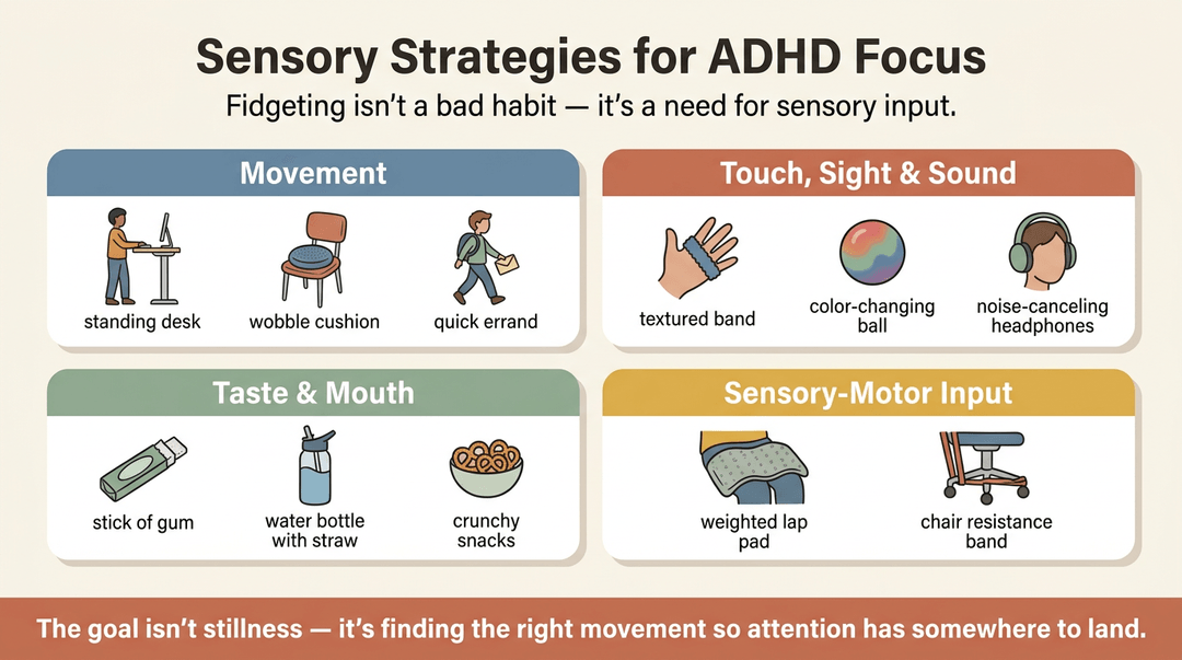 An infographic titled 'Sensory Strategies for ADHD Focus' featuring four cards with icons for movement, touch, taste, and sensory-motor input.