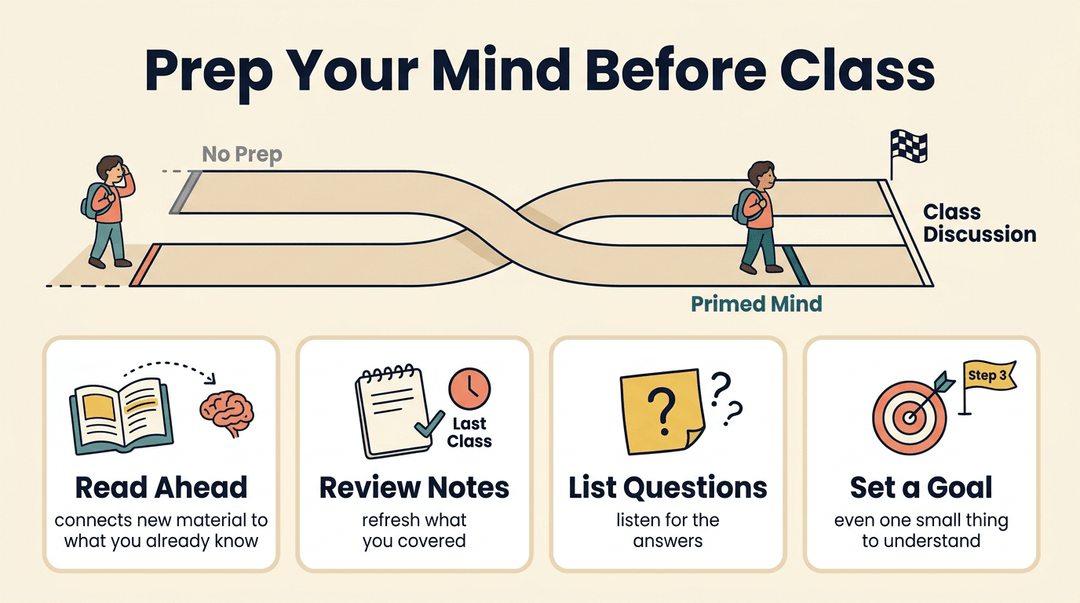 Illustration showing a head start metaphor and four study tips: read ahead, review notes, list questions, and set a goal.
