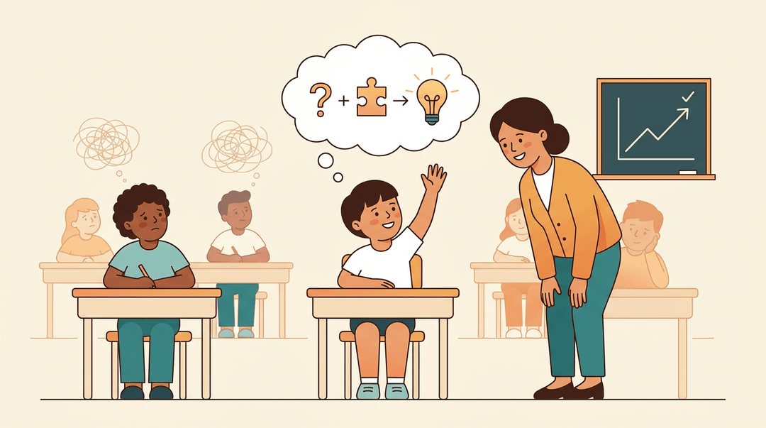 Student raises hand with clear thought bubble while teacher smiles nearby, contrasting with confused peers in a warm classroom.
