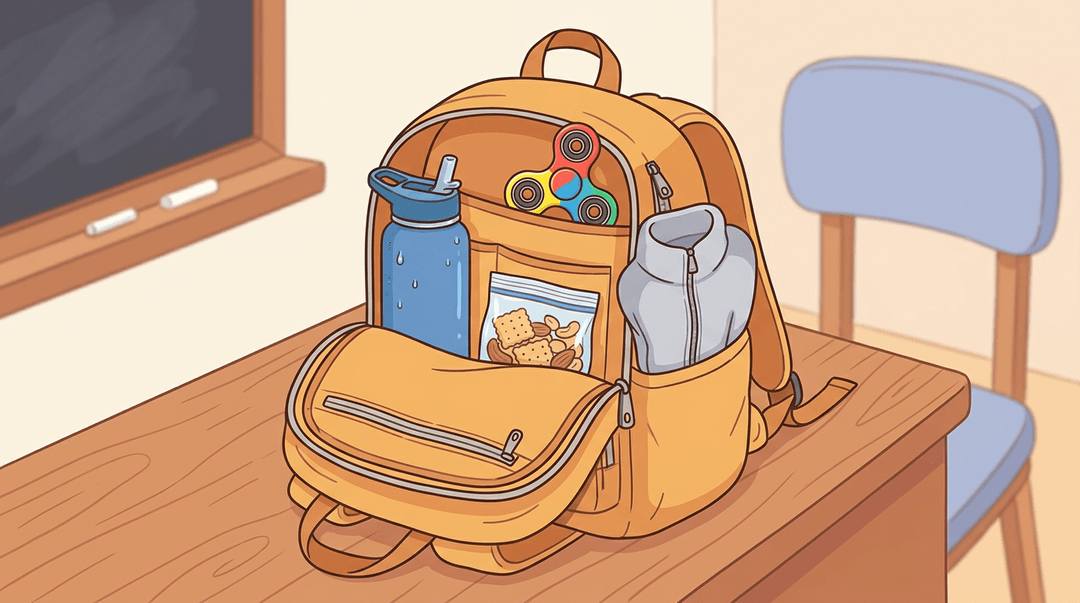 Open backpack on a desk with water bottle, snack, jacket, and fidget spinner for classroom comfort.