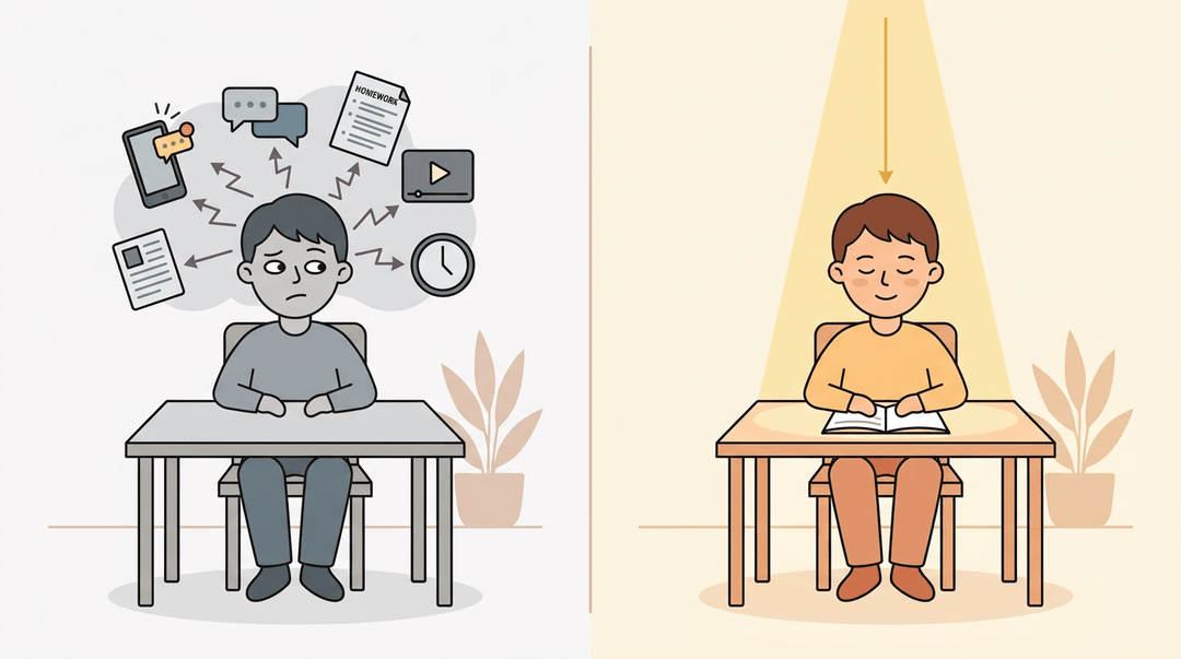 Contrasting panels show a distracted student with chaotic arrows versus a focused one bathed in warm light.