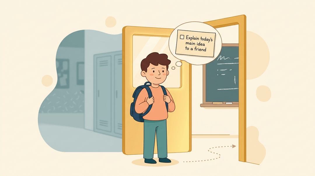 Student pauses at classroom door with a thought bubble checklist reading 'Explain today's main idea to a friend' and a dotted path leading inside.