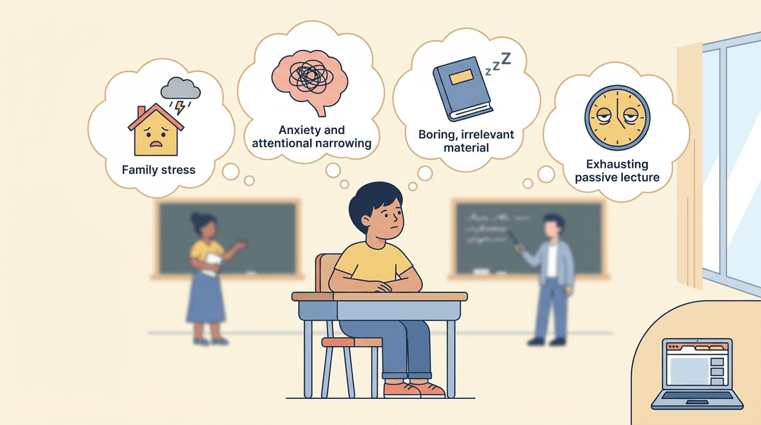 A student looks distracted at a window while thought bubbles show family stress, anxiety, boredom, and fatigue.
