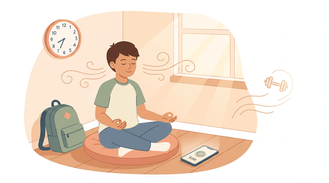 A student meditates in a cozy room with a 5-minute timer, surrounded by breath swirls and a mental strength icon.