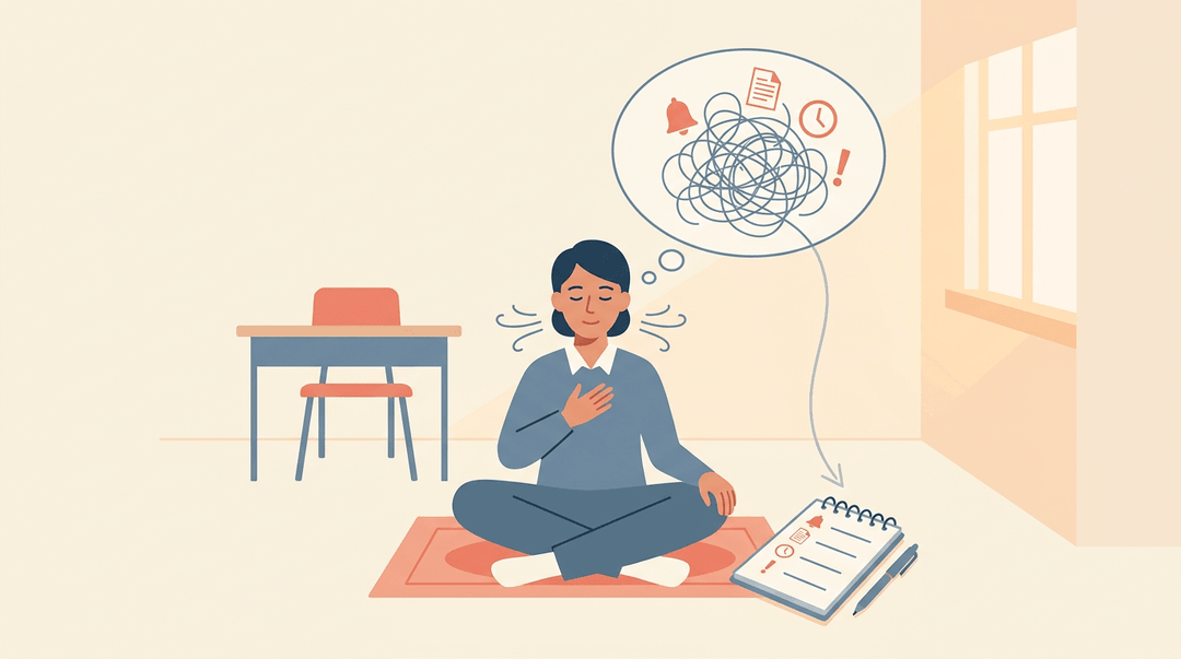A teacher meditates to calm their mind, writing down stressors on a notepad in an empty classroom.